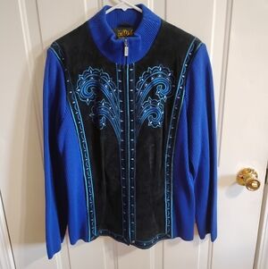 Bob Mackie Black and Blue Vintage '90s Leather/Cloth Jacket Size Large